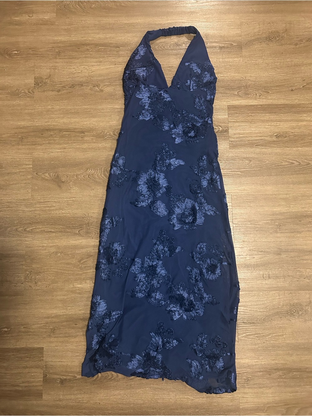 Navy Floral Halter Evening Gown